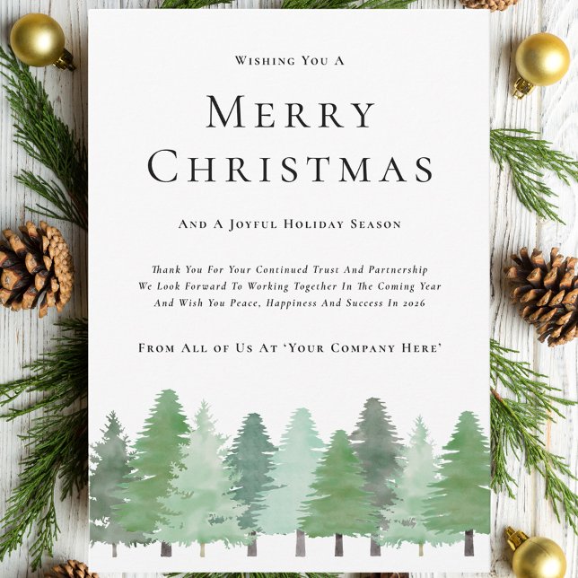 Modern Watercolor Woodland Business Christmas Holiday Card (Modern watercolor woodland christmas business holiday greetings card Elegant corporate design)