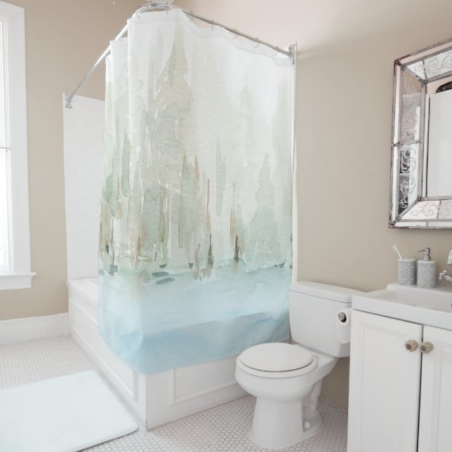 Modern Watercolor Woodland Scene  Shower Curtain (In Situ)