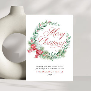 Modern Watercolor Wreath Bow Non Photo Christmas Holiday Card