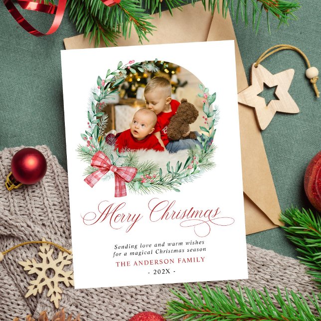 Modern Watercolor Wreath Bow Photo Christmas Holiday Card (Creator Uploaded)