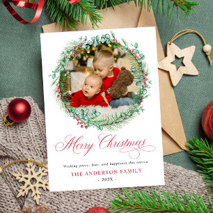 Modern Watercolor Wreath Bow Photo Christmas Holiday Card