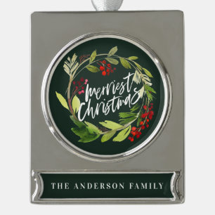 Modern watercolor wreath foliage chic silver plated banner ornament