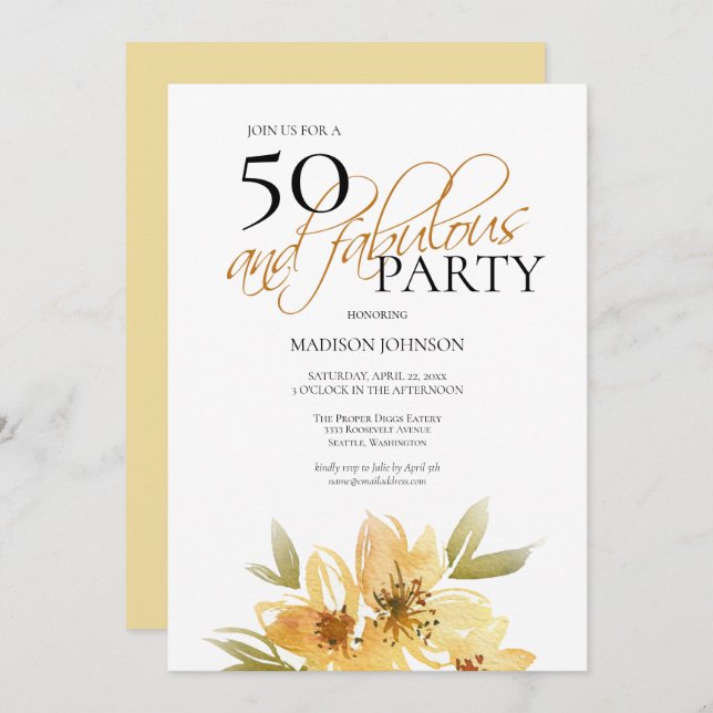 Modern Watercolor Yellow 50 and Fabulous Birthday Invitation (Front/Back)