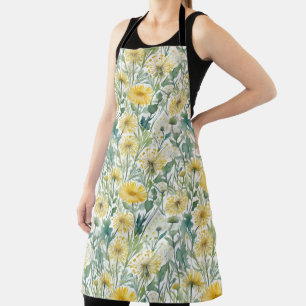 Modern Watercolor Yellow Dandelions Floral Pattern Apron