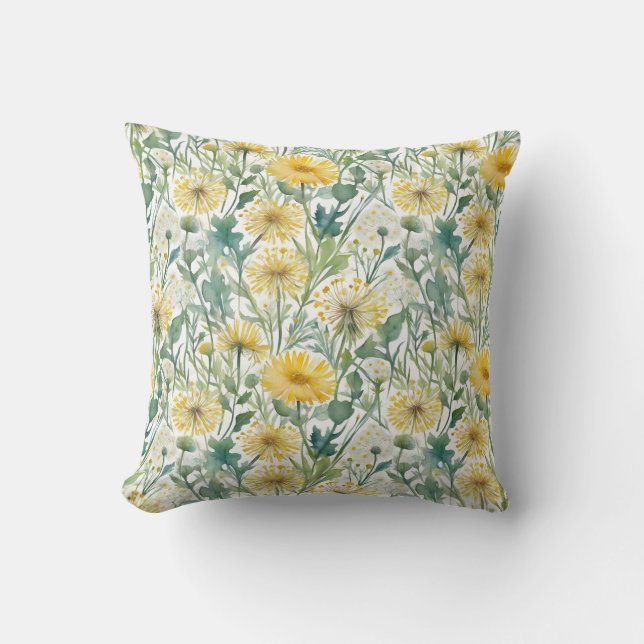 Modern Watercolor Yellow Dandelions Floral Pattern Cushion (Front)