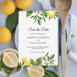 Modern Watercolor Yellow Lemons & Leaf  Save The Date