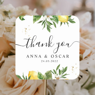 Modern Watercolor Yellow Lemons & Leaf Square Sticker