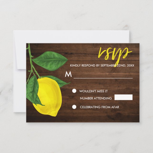 Modern Watercolor Yellow Lemons Leaves Rustic Wood RSVP Card (Front)
