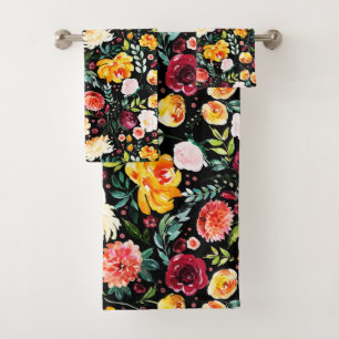 Modern watercolors summer flowers pattern bath towel set