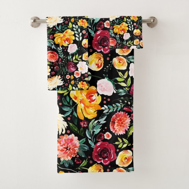 Modern watercolors summer flowers pattern bath towel set (Insitu)