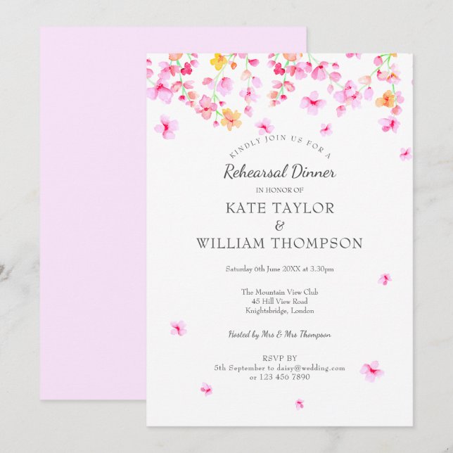 Modern Watercolour Blossom Floral Rehearsal Dinner Invitation (Front/Back)