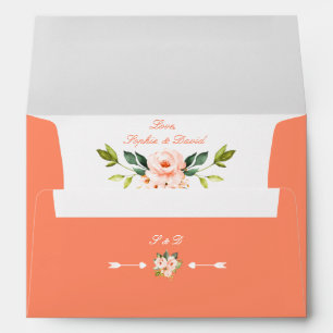 Modern Watercolour Flowers Living Coral Wedding Envelope