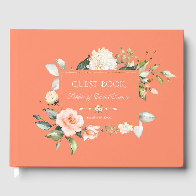 Modern Watercolour Flowers Living Coral Wedding Guest Book (Front)
