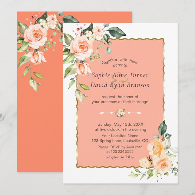 Modern Watercolour Flowers Living Coral Wedding Invitation (Front/Back)