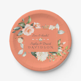 Modern Watercolour Flowers Living Coral Wedding Paper Plate