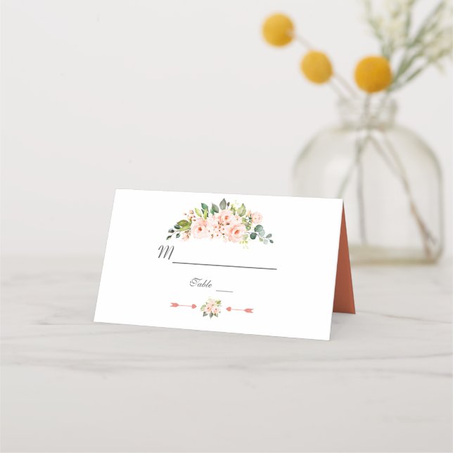Modern Watercolour Flowers Living Coral Wedding Place Card (Front)