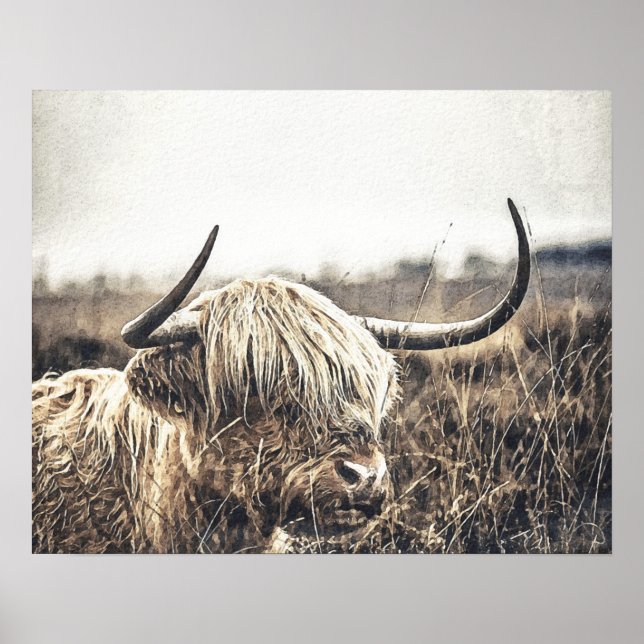 Modern Watercolour Highland Cow Poster (Front)