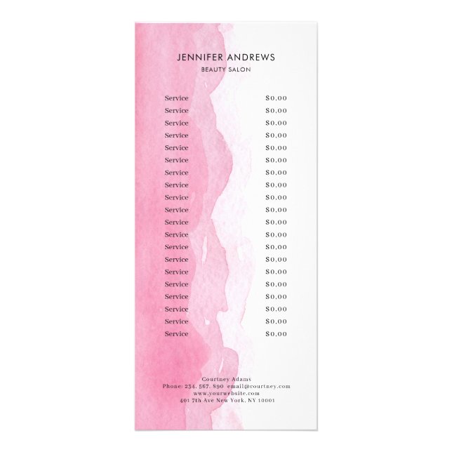 Modern Watercolour Pink White Salon-Preisliste  Rack Card (Front)