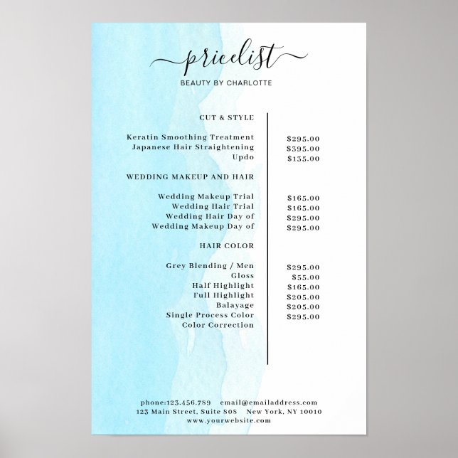 Modern Watercolour Price List Poster (Front)
