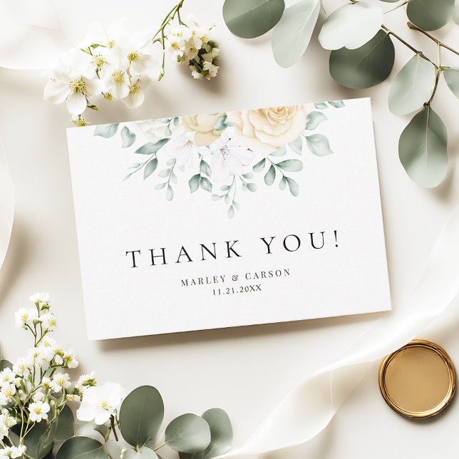 Modern Watercolour White Rose Eucalyptus Greenery Thank You Card (Creator Uploaded)