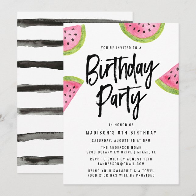Modern Watermelon Birthday Party Invitation (Front/Back)