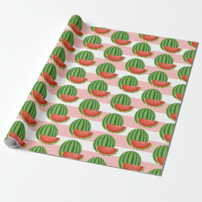 Modern Watermelon  Pattern Pink Stripes Wrapping Paper (Unrolled)