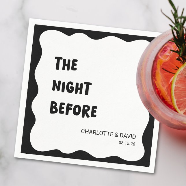 Modern Wave Border Black & White Rehearsal Dinner Napkin (Personalize your rehearsal dinner with these trendy napkins to set a bold & fun tone for the evening)