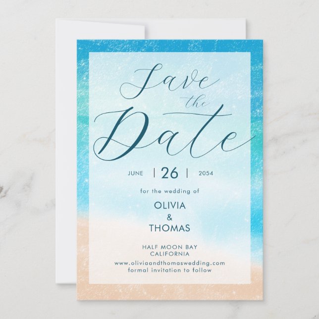 Modern Waves Beach Photo Wedding Save the Date Invitation (Front)
