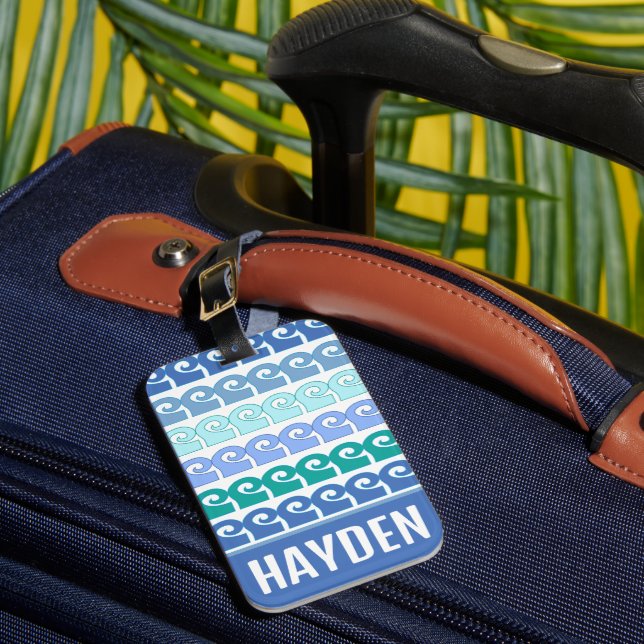 Modern Waves Pattern in Blues Personalised Luggage Tag (Front Insitu 1)