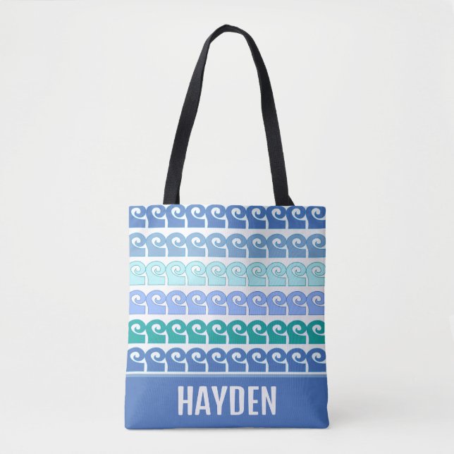 Modern Waves Pattern in Blues Personalised Tote Bag (Front)