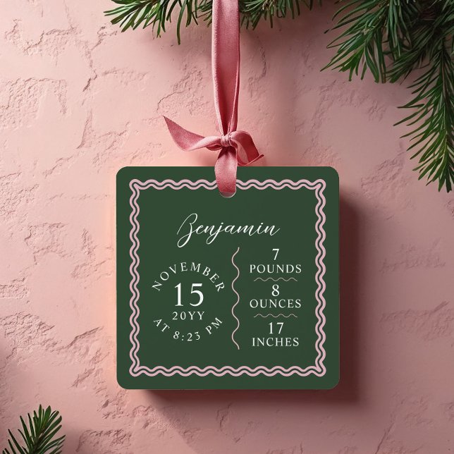 Modern Wavy Baby Name Script Birth Stats Photo Metal Tree Decoration (Modern Wavy Baby Name Script Birth Stats Photo Metal Ornament)