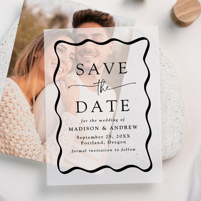 Modern Wavy Black Frame Wedding Save the Date Vellum Invitations (Creator Uploaded)
