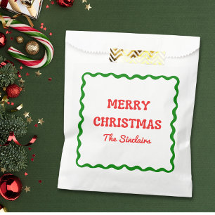 Modern Wavy Border Red & Green Christmas Party Favour Bags