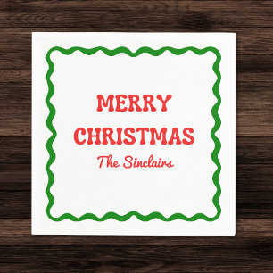 Modern Wavy Border Red & Green Christmas Party Napkin