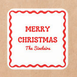 Modern Wavy Border Trendy Red Christmas Party Square Sticker<br><div class="desc">Celebrate the holiday season with these chic "Merry Christmas" stickers, crafted for a refined and personalised touch to enhance your holiday festivities. Featuring a festive green wavy border and customisable family name text, these stickers bring a blend of classic charm and contemporary style to any holiday setting. Perfect for Christmas...</div>