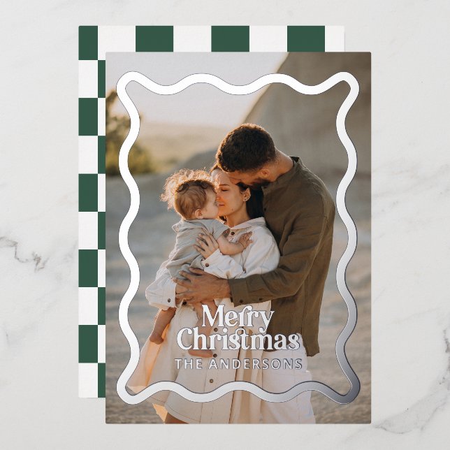 Modern wavy edge check green photo Christmas (Front/Back)