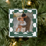 Modern wavy edge check minimal photo Christmas Ceramic Ornament<br><div class="desc">Modern minimal graphic check pattern green wavy edge photo Christmas holiday home decor ornament. Bold on trend design. Part of a holiday collection.</div>