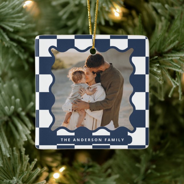 Modern wavy edge check minimal photo Christmas Ceramic Ornament (Tree)
