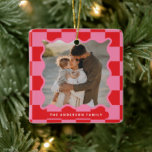 Modern wavy edge check minimal photo Christmas Ceramic Ornament<br><div class="desc">Modern minimal graphic check pattern red and pink wavy edge photo Christmas holiday home decor ornament. Bold on trend design. Part of a holiday collection.</div>