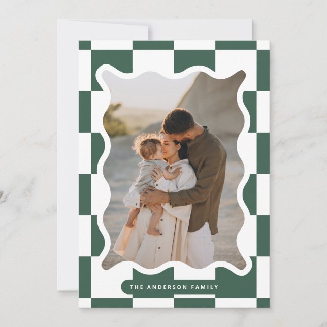 Modern wavy edge check minimal photo Christmas Holiday Card (Front)