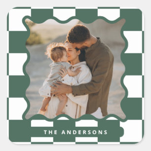 Modern wavy edge check minimal photo Christmas Square Sticker