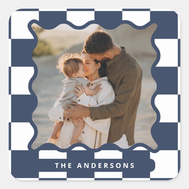 Modern wavy edge check minimal photo Christmas Square Sticker (Front)