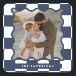 Modern wavy edge check minimal photo Christmas Square Sticker<br><div class="desc">Modern minimal graphic check pattern navy blue wavy edge photo Christmas holiday party favour sticker. Bold on trend design. Part of a holiday collection.</div>