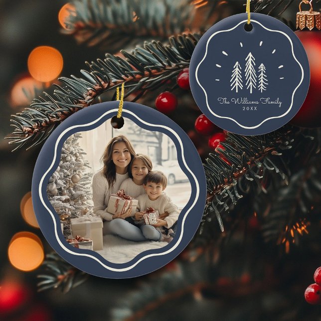 Modern Wavy Frame Family Photo Muted Blue Ceramic Tree Decoration (Creator Uploaded)