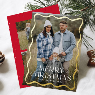 Modern Wavy Frame Merry Christmas 3 Photo Foil Holiday Card