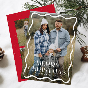 Modern Wavy Frame Merry Christmas 3 Photo Holiday Card