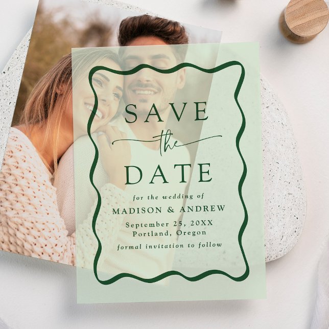 Modern Wavy Green Frame Wedding Save the Date Vellum Invitations (Creator Uploaded)
