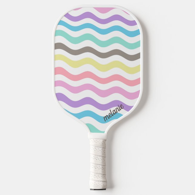 Modern Wavy Lines | Pastel Waves Monogram Pickleball Paddle (Front)