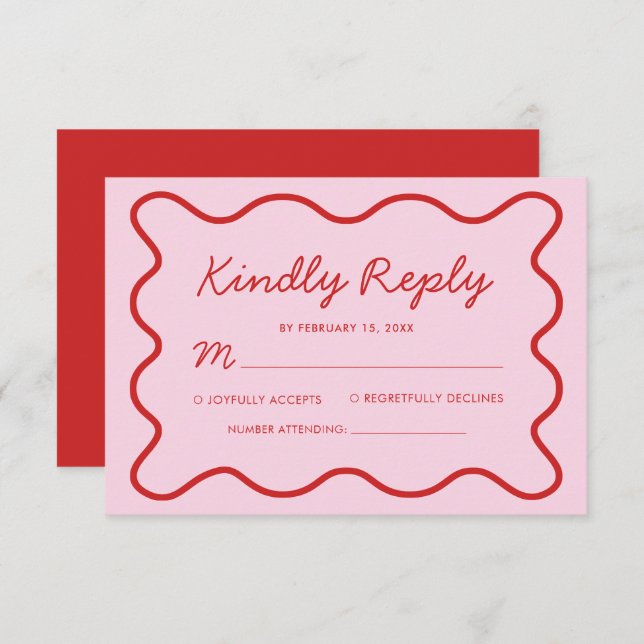 Modern Wavy Pink and Red Retro Squiggle Wedding RSVP Card (Front/Back)