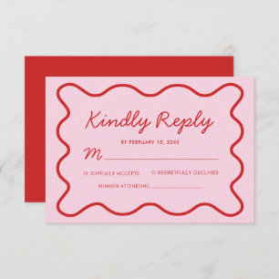 Modern Wavy Pink and Red Retro Squiggle Wedding RSVP Card